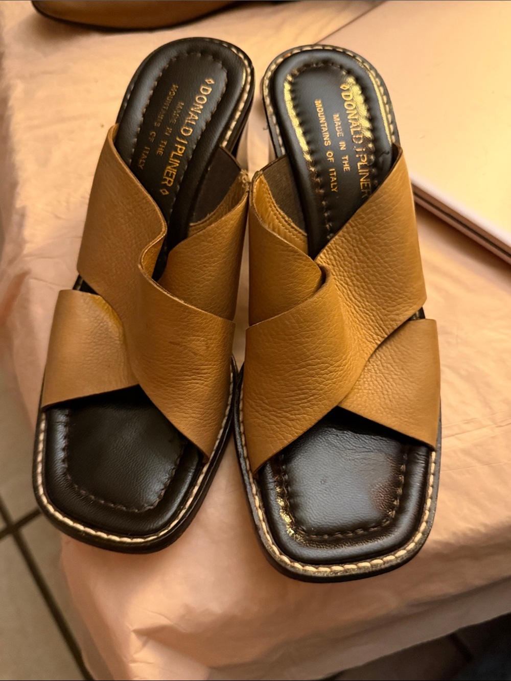 Donald J. Pliner Tan Leather Cross-Strap Slide Mules